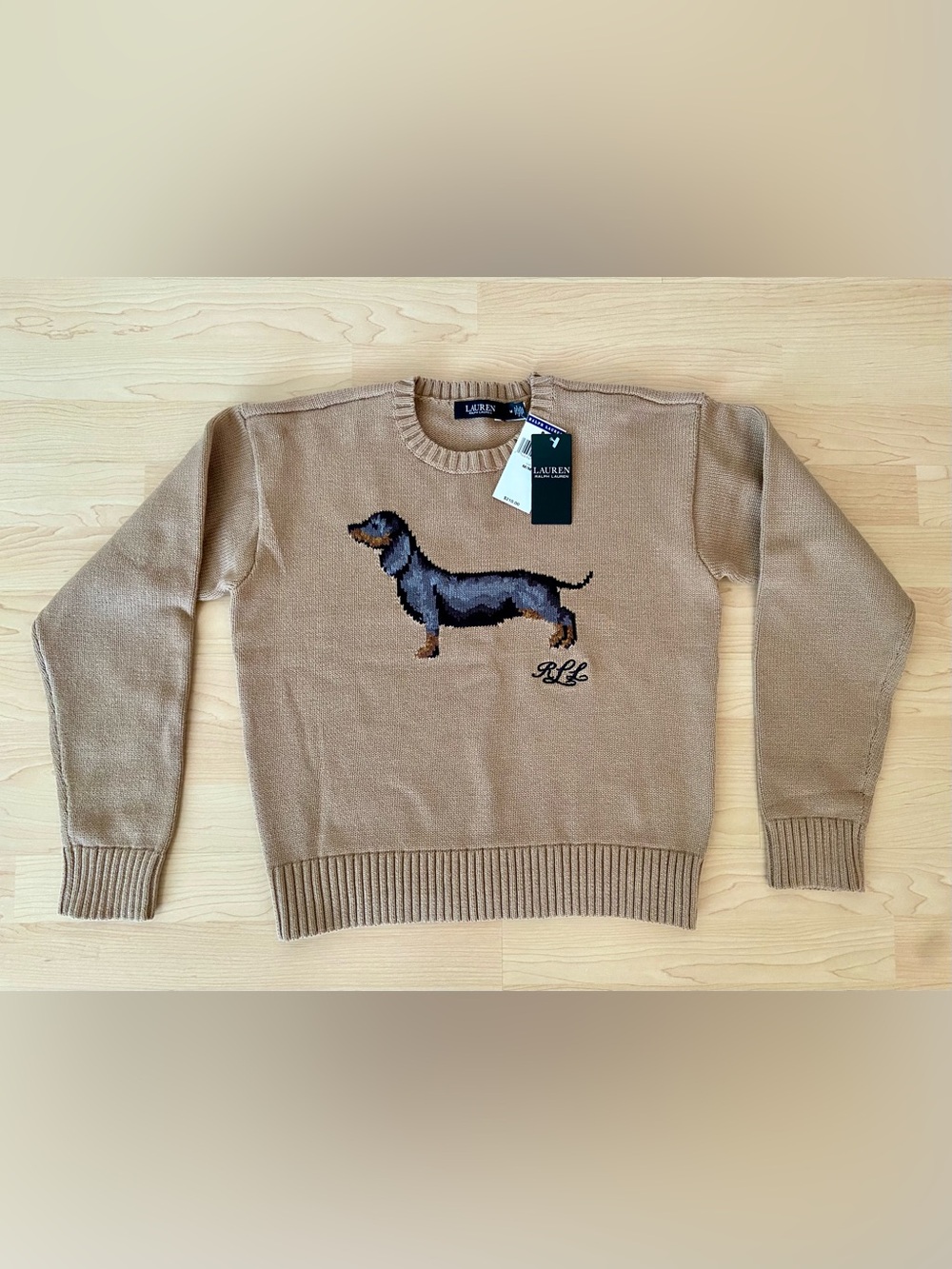 Ralph Lauren Intarsia Knit Dachshund Dog 100% Cotton Brown Tan Women’s Medium M
